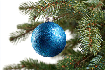 a blue christmas ornament hanging from a christmas tree
