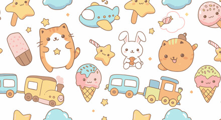 Cute kawaii cartoon characters including cats, bunnies, ice cream, trains, and airplanes on a white background.