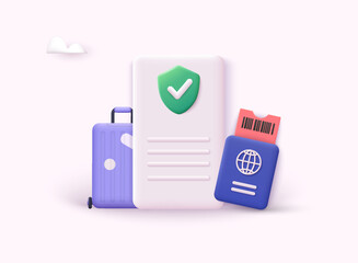 Travel insurance concept. Luggage with travel insurance policy and protection shield on smartphone. 3D Web Vector Illustrations.