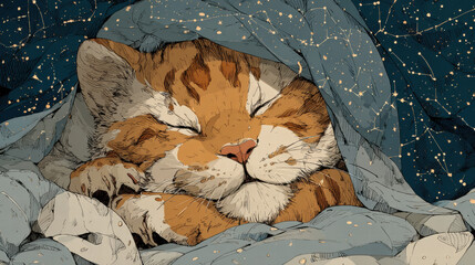 Sleeping Orange Tabby Kitten Under Blue Blanket at Night with Sparkling Stars