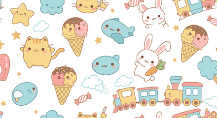 A charming, colorful cartoon pattern showcasing adorable animals, ice cream cones, a train, and other cute elements, perfect for children's designs and playful backgrounds.