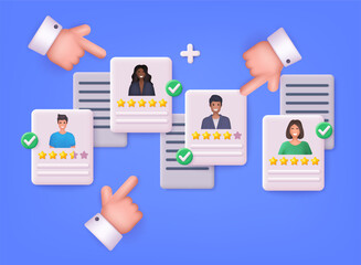 Recruitment. HR Manager's Computer With Job Applicant's CVs On Screen Choosing New Worker. 3D Web Vector Illustrations.