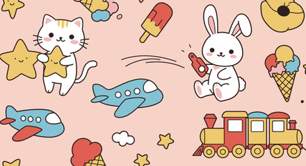 A delightful seamless pattern featuring cute cartoon animals like a cat and bunny, along with airplanes, a train, and sweet treats on a soft pink background.