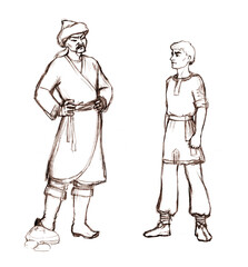 Pencil drawing. Two men engage in battle.