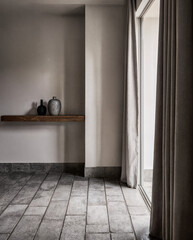  Warm Japandi Entryway with Stone Tile Floor and Linen Drapes