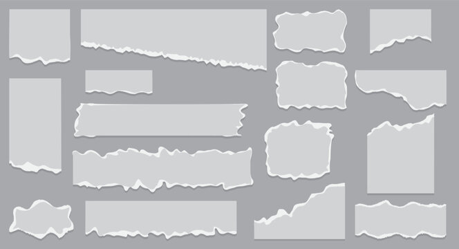 Abstract set of various gray torn paper pieces with rough edges, ideal for digital scrapbooking, web layouts, note designs, and creative graphic compositions with a minimalist tone.