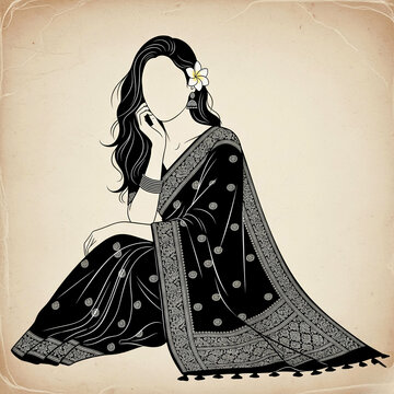 Elegant indian woman in black saree with floral motifs and flower in hair