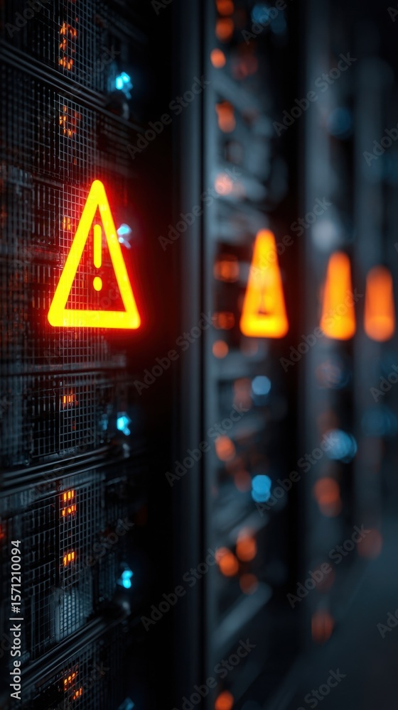 Aufkleber closeup of multiple server racks with flashing indicators showcasing a cybersecurity warning. this i