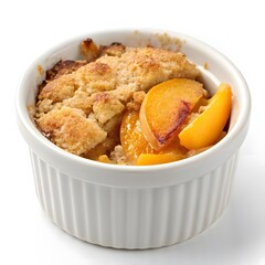 Mini Peach Cobbler in Ramekin &ndash; Isolated Dessert on White Background

