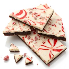 Broken Peppermint Bark Pieces on White Background &ndash; Christmas Candy Isolated

