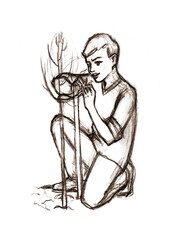 Pencil drawing. Boy planting a tree