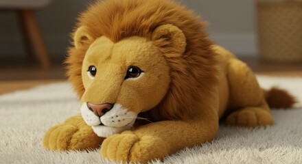Plush lion resting on a beige carpet in a sunny room