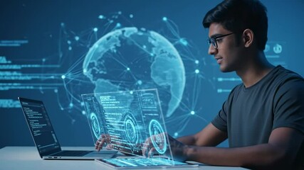 Man works on holographic technology at a desk with laptops and a glowing globe background - Powered by Adobe
