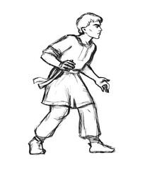 Pencil drawing. Two men engage in battle.