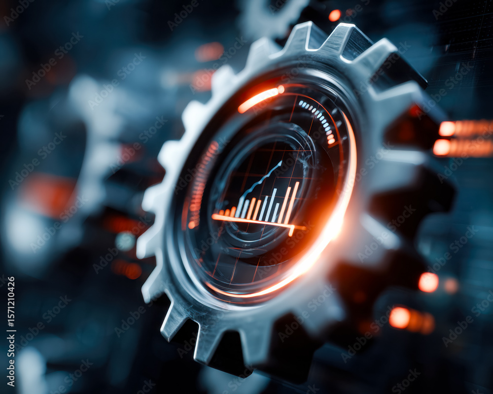 Aufkleber futuristic gear with data analytics interface and dynamic light effects