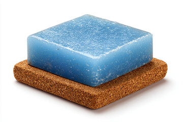 a blue soap bar sitting on top of a cork coaster