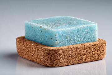 a blue soap bar sitting on top of a cork coaster