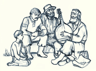 Pencil drawing. Man playing bandura