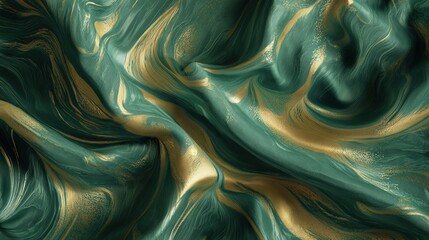 Emerald green fabric with golden swirls a close up showing draped folds and texture creating an elegant abstract pattern