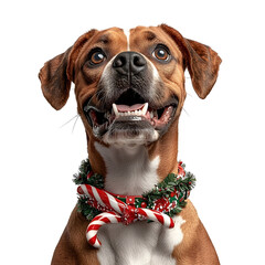 Closeup portrait of a happy friendly dog wearing a candy cane themed Christmas costume isolated on a pure white background