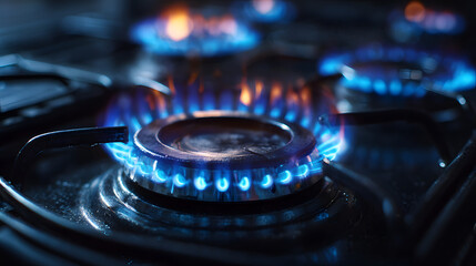 A close-up view of a gas stove burner with bright blue flames