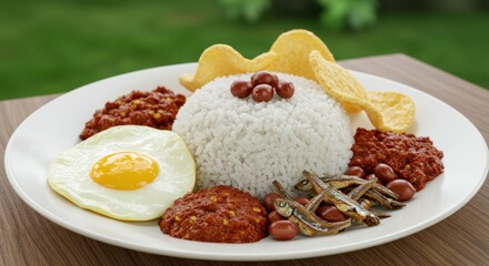Obraz premium Plate of Nasi Lemak with fried egg, crackers, and sambal