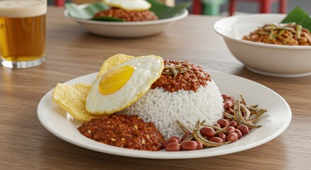 A plate of Nasi Lemak, a Malaysian dish, topped with fried egg, crackers, anchovies, and sambal.  A glass of beer is beside it