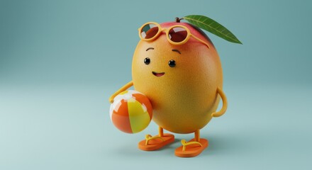 A cartoon mango character wearing sunglasses and flip-flops, holding a beach ball