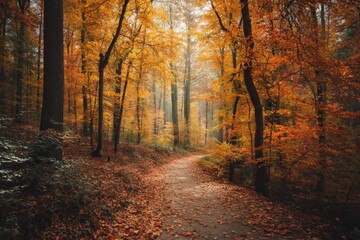 Autumn pathway winding through a serene forest with vibrant fall foliage