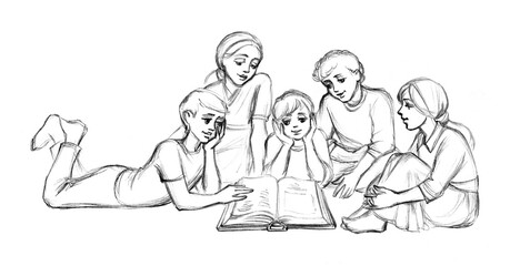 Naklejka premium Pencil drawing. Kids reading a book