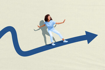 3D collage artwork composite sketch poster of young lady stand arrow way direction balance smile...
