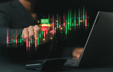 Investors use laptops to analyze stock market, investment strategies. and business growth analysis, investing in companies with long-term competitive advantages, Broker use tablet analysing trading.