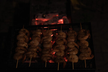shrimp grilling on charcoal grill at campsite at night