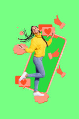 Vertical pop trend collage of happy girl guy stand phone peek hand thumb up like reaction social...