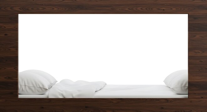 A bed with white linens and pillows is framed by a dark wood border, creating a blank space.