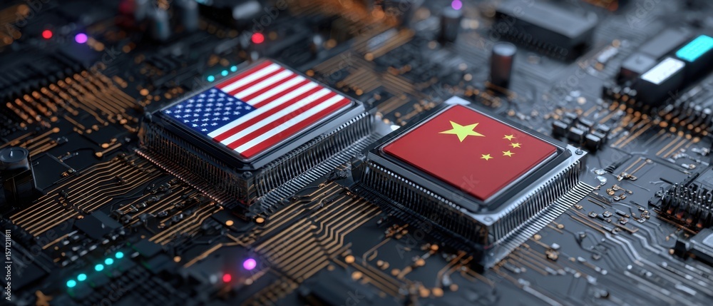 Poster the microprocessors featuring the flags of the usa and china highlighted on a circuit board.