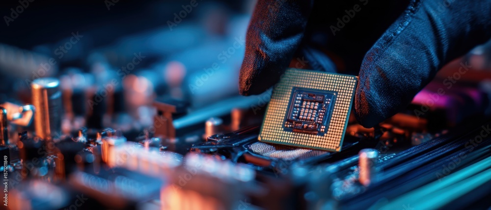 Poster the technician installing a microchip onto a motherboard in a high-tech environment.