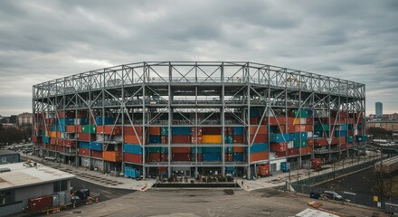 Naklejka premium Modern stadium built from shipping containers. Elevated structure with metal framework, colorful containers. Exterior view