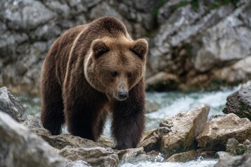 Fototapeta premium Big brown bear strolling on stones