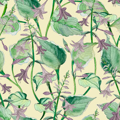 Seamless watercolor pattern with hosta leaves and violet flowers