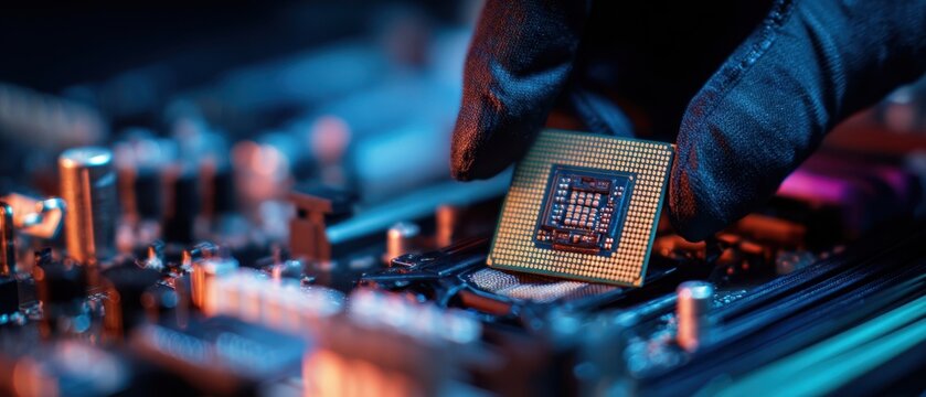 The technician installing a microchip onto a motherboard in a high-tech environment.