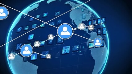 A digital globe with screens displaying data, symbolizing global connectivity and technology. - Powered by Adobe