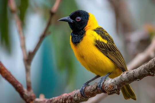 Black and yellow bird perched on a branch - Powered by Adobe
