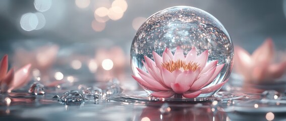 Reflection of a pink lotus flower and glass sphere in water is shown