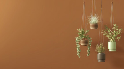 Composition of hanging houseplants in pots against a terracotta wall, creating coziness and freshness.