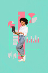 3d sketch poster trend collage of happy businesswoman businessman stand chart hold laptop...