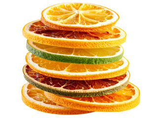Vertical stack of alternating fresh and dried citrus slices, transparent  background PNG.