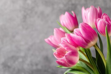 Obraz premium Blossoming pink tulips against a gray backdrop Blurred effect