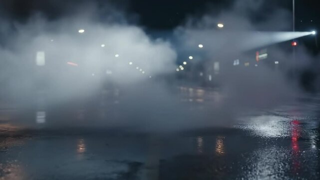 Steam rises from a wet street at night reflecting blurred lights