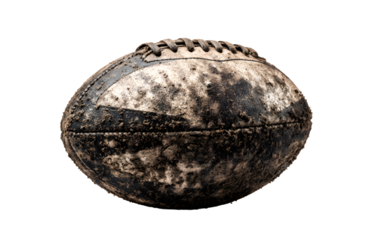 Muddy rugby ball isolated on transparent background, sports equipment detail